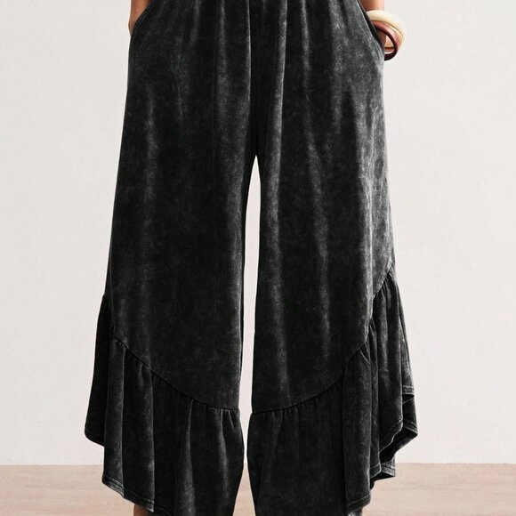 Black Casual Women's Knit Loose Wide-Leg Washed Pants - Picture 4 of 6